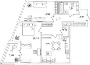 ЖК «Лайнеръ», планировка 2-комнатной квартиры, 73.30 м²