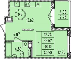 МЖК «Образцовый квартал 14», планировка 1-комнатной квартиры, 35.62 м²
