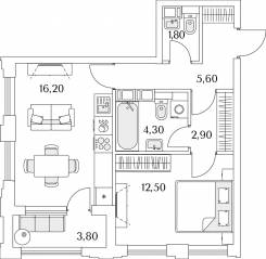 ЖК «Тайм Сквер», планировка 1-комнатной квартиры, 45.20 м²
