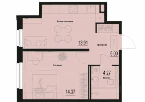ЖК «ID Murino III», планировка 1-комнатной квартиры, 37.55 м²