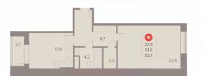 ЖК «Отлично», планировка 1-комнатной квартиры, 52.70 м²