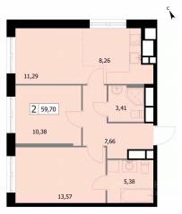 ЖК «Self», планировка 2-комнатной квартиры, 59.70 м²