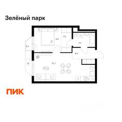 ЖК «Зеленый парк», планировка 1-комнатной квартиры, 43.10 м²