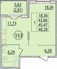 МЖК «Образцовый квартал 15», планировка 1-комнатной квартиры, 42.66 м²