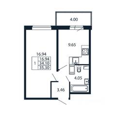 ЖК «Полис ЛАВрики», планировка 1-комнатной квартиры, 34.60 м²