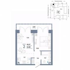 ЖК «Страна.Озерная», планировка 2-комнатной квартиры, 40.47 м²