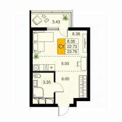 ЖК «Химки Тайм», планировка студии, 23.76 м²
