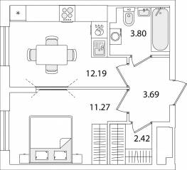 ЖК «Кинопарк», планировка 1-комнатной квартиры, 33.37 м²