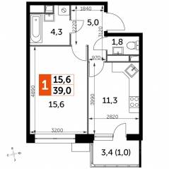 МФК «Датский квартал», планировка 1-комнатной квартиры, 38.90 м²