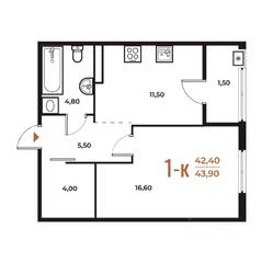 ЖК «Новое Летово», планировка 1-комнатной квартиры, 44.60 м²