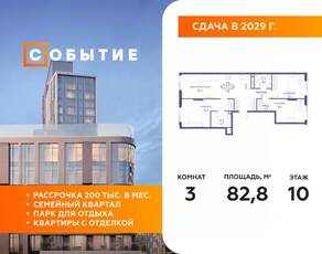 ЖК «Событие», планировка 3-комнатной квартиры, 82.80 м²