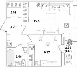 ЖК «Академик», планировка 1-комнатной квартиры, 36.48 м²