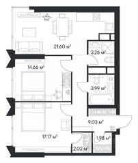 ЖК «1-й Нагатинский», планировка 2-комнатной квартиры, 73.63 м²