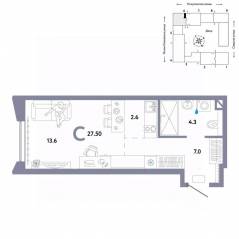 ЖК «Страна.Озерная», планировка студии, 27.50 м²