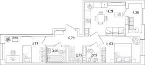 ЖК «Гранат», планировка 2-комнатной квартиры, 54.22 м²
