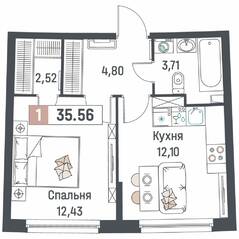 ЖК «Авиатор» (Девяткино), планировка 1-комнатной квартиры, 35.56 м²