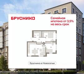 ЖК «Брусника в Новоселье», планировка 2-комнатной квартиры, 53.30 м²