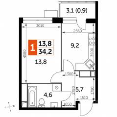 МФК «Датский квартал», планировка 1-комнатной квартиры, 34.20 м²
