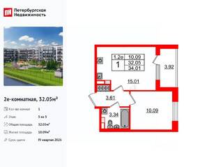 ЖК «Парадный ансамбль», планировка 1-комнатной квартиры, 32.05 м²