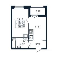 ЖК «Полис Новоселье», планировка 1-комнатной квартиры, 34.46 м²