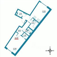 ЖК «Левитан», планировка 1-комнатной квартиры, 42.09 м²