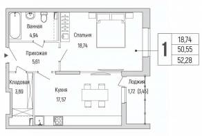 ЖК «Riga Hills», планировка 1-комнатной квартиры, 52.28 м²