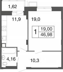 ЖК «Времена года», планировка 1-комнатной квартиры, 46.98 м²