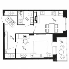 ЖК «Времена года», планировка 1-комнатной квартиры, 44.14 м²