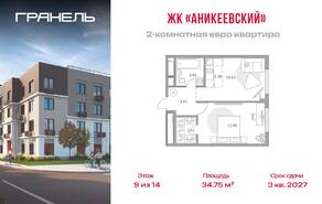 ЖК «Аникеевский», планировка 2-комнатной квартиры, 34.75 м²