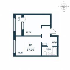 ЖК «Расцветай в Янино», планировка 1-комнатной квартиры, 38.00 м²