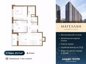 ЖК «Магеллан», планировка 2-комнатной квартиры, 63.30 м²