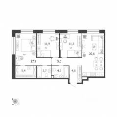 ЖК «Жилой квартал Shagal», планировка 3-комнатной квартиры, 84.60 м²