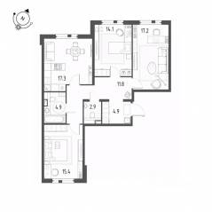 ЖК «Монография», планировка 3-комнатной квартиры, 88.50 м²