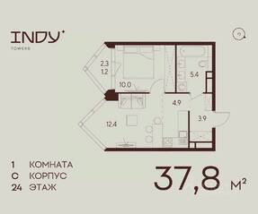 ЖК «Indy Towers», планировка 1-комнатной квартиры, 37.80 м²