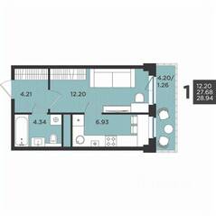 МЖК «Новокасимово», планировка 1-комнатной квартиры, 28.94 м²