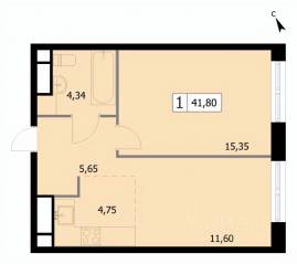 ЖК «Self», планировка 1-комнатной квартиры, 41.80 м²