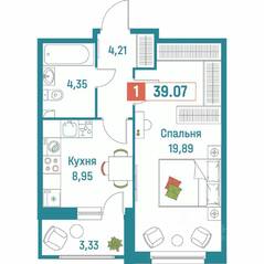 ЖК «Графика», планировка 1-комнатной квартиры, 39.07 м²