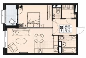 ЖК «Атлантис», планировка 2-комнатной квартиры, 49.90 м²