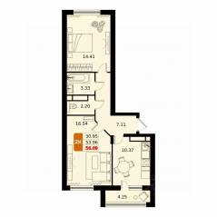 ЖК «ДОМодедово Парк», планировка 2-комнатной квартиры, 56.09 м²