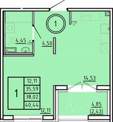 МЖК «Образцовый квартал 16», планировка 1-комнатной квартиры, 35.59 м²