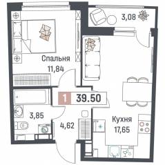 ЖК «Авиатор» (Девяткино), планировка 1-комнатной квартиры, 39.50 м²
