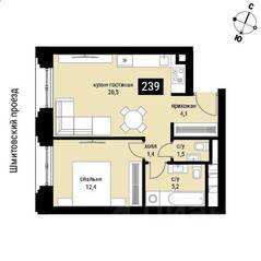 ЖК «Шелепиха», планировка 1-комнатной квартиры, 45.10 м²