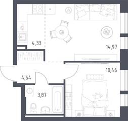 ЖК «Квартал Авиаторов», планировка 1-комнатной квартиры, 38.27 м²