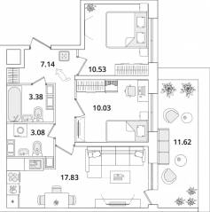 ЖК «БелАрт», планировка 2-комнатной квартиры, 55.40 м²