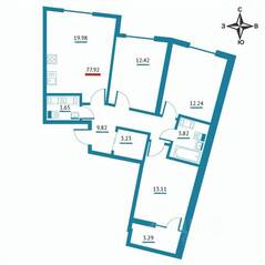 ЖК «Левитан», планировка 3-комнатной квартиры, 77.92 м²