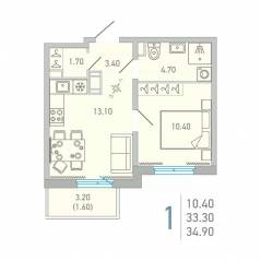 ЖК «Lovo», планировка 1-комнатной квартиры, 34.90 м²