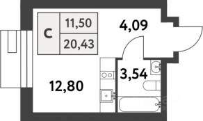 ЖК «Smart Garden», планировка студии, 20.40 м²