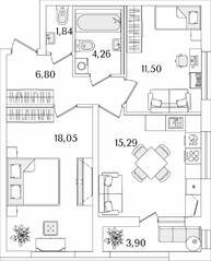 ЖК «Лайнеръ», планировка 2-комнатной квартиры, 59.69 м²