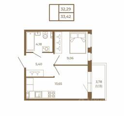 МЖК «Новая история», планировка 1-комнатной квартиры, 33.42 м²