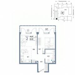 ЖК «Страна.Озерная», планировка 2-комнатной квартиры, 40.87 м²